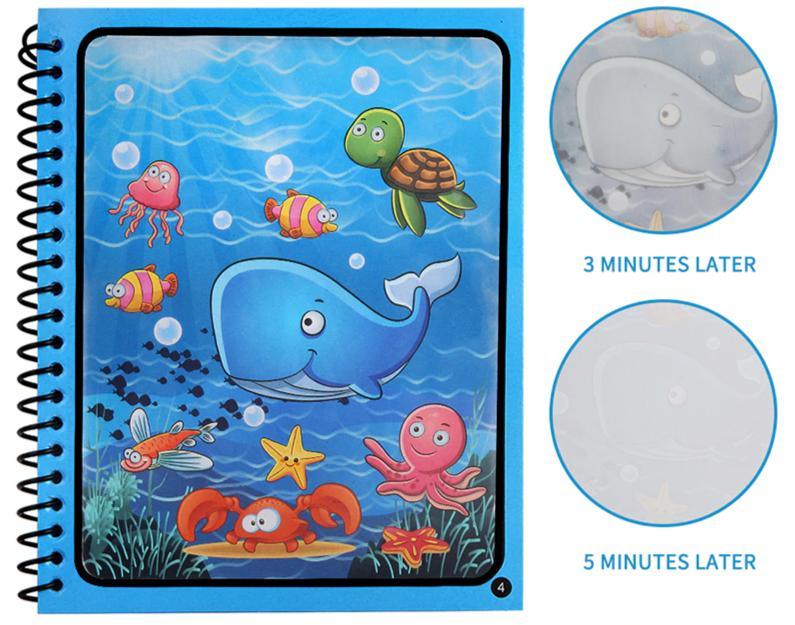 How to use magic water drawing book — fill pen with water, color page, watch colors appear, let dry and repeat