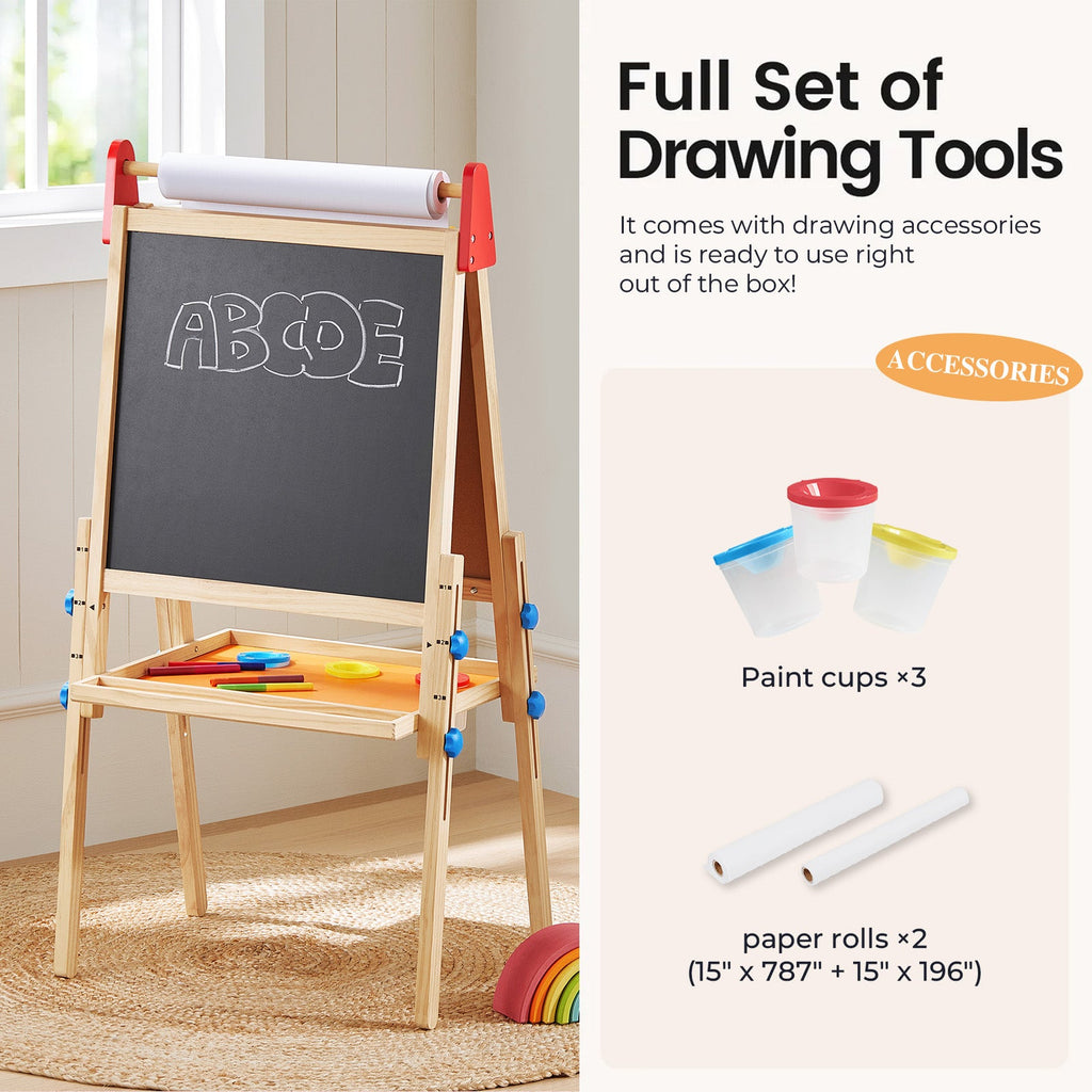 Child painting on Tiny Land art easel outdoors
Tiny Land easel showing full set of drawing tools included