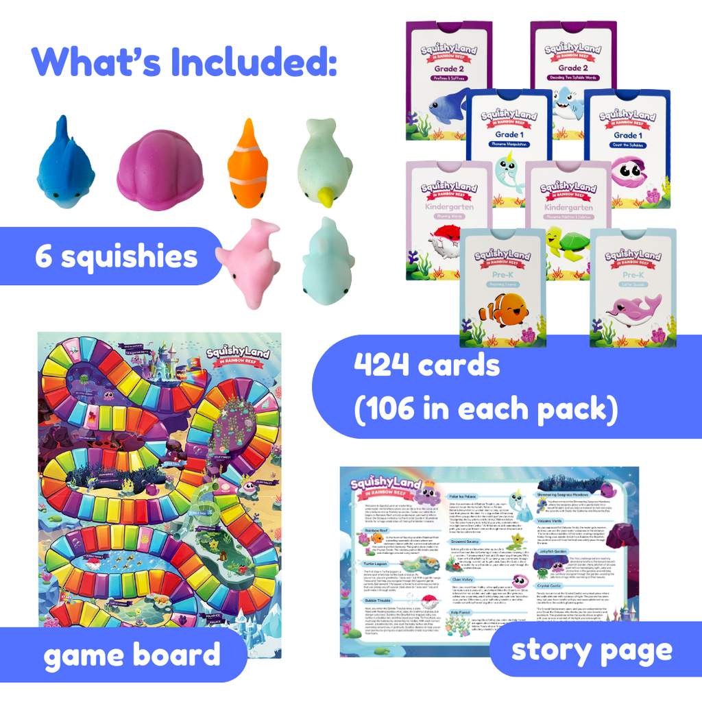 Squishyland board game contents showing 4 squishie pieces, 104 cards, game board, and story page