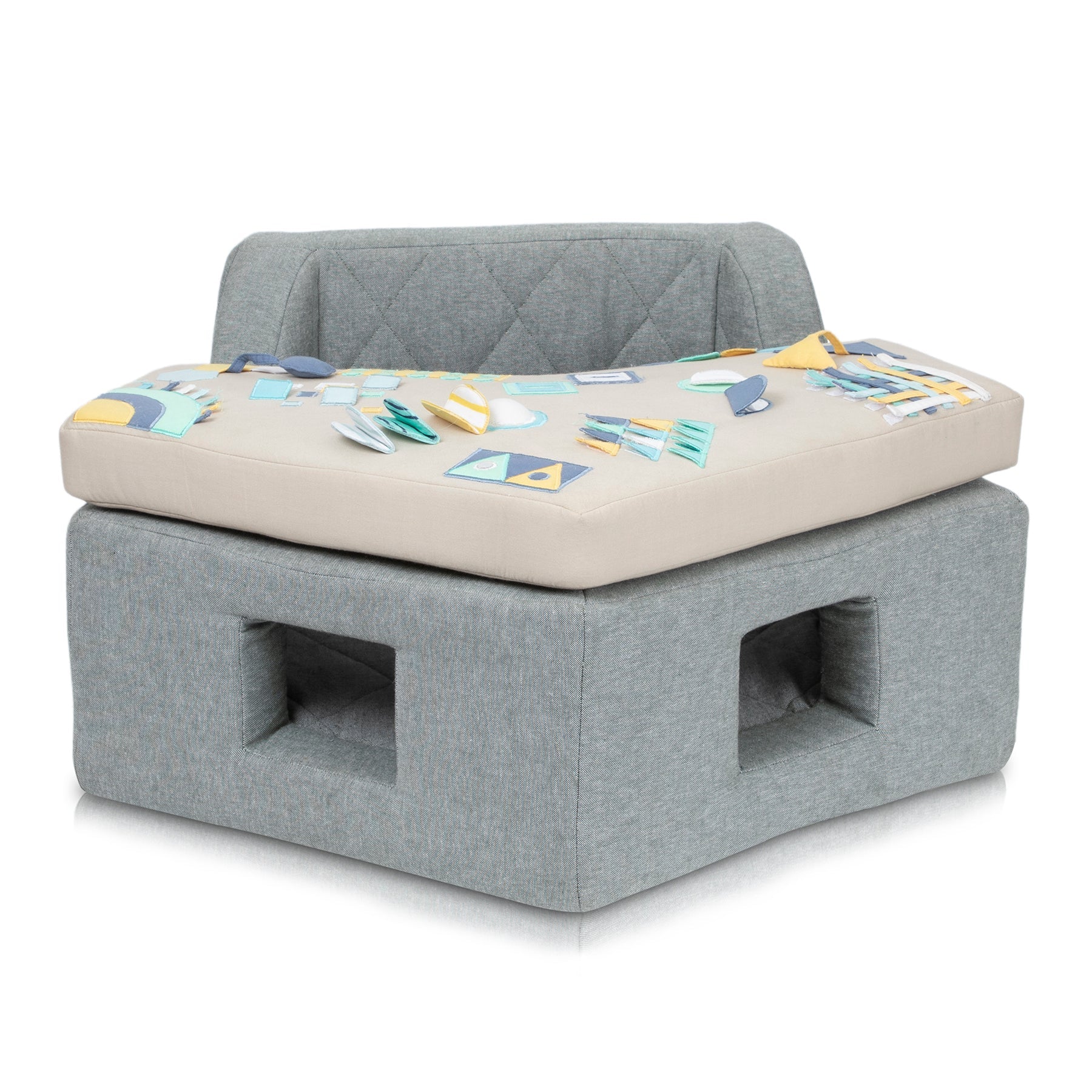Neo Geometric Baby Activity Center with bold geometric pattern play surface and sensory hanging toys