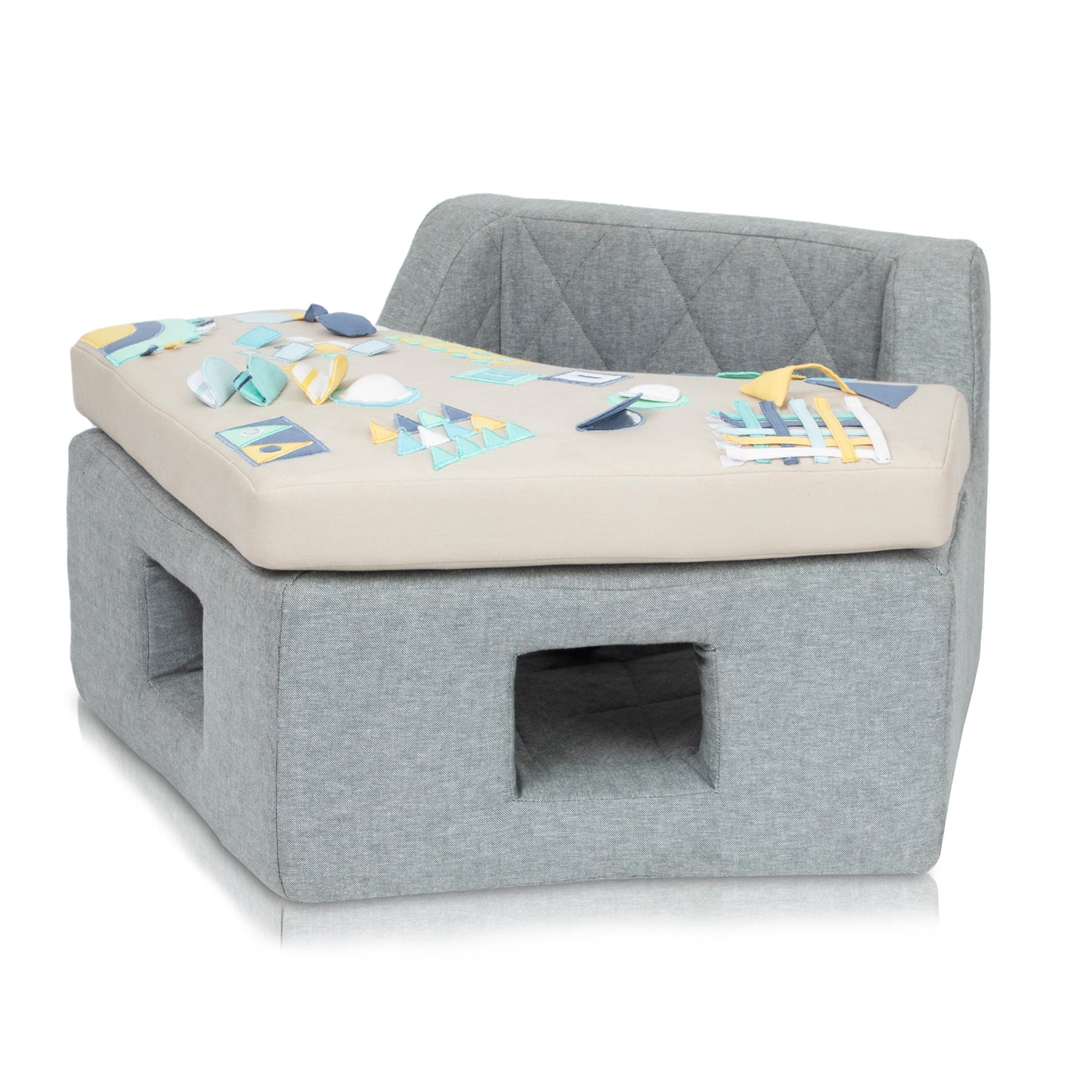 Neo Geometric Baby Activity Center with bold geometric pattern play surface and sensory hanging toys