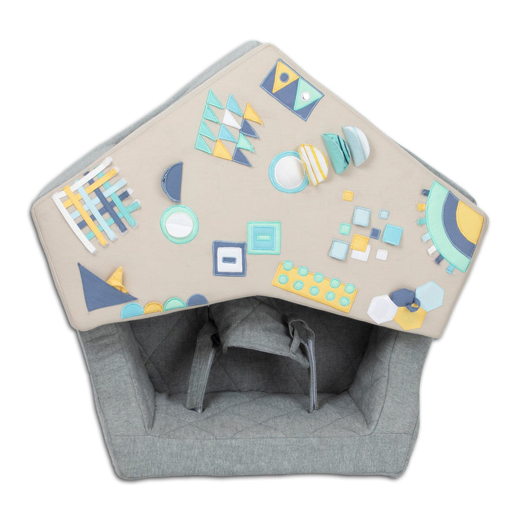 Neo Geometric Baby Activity Center with bold geometric pattern play surface and sensory hanging toys