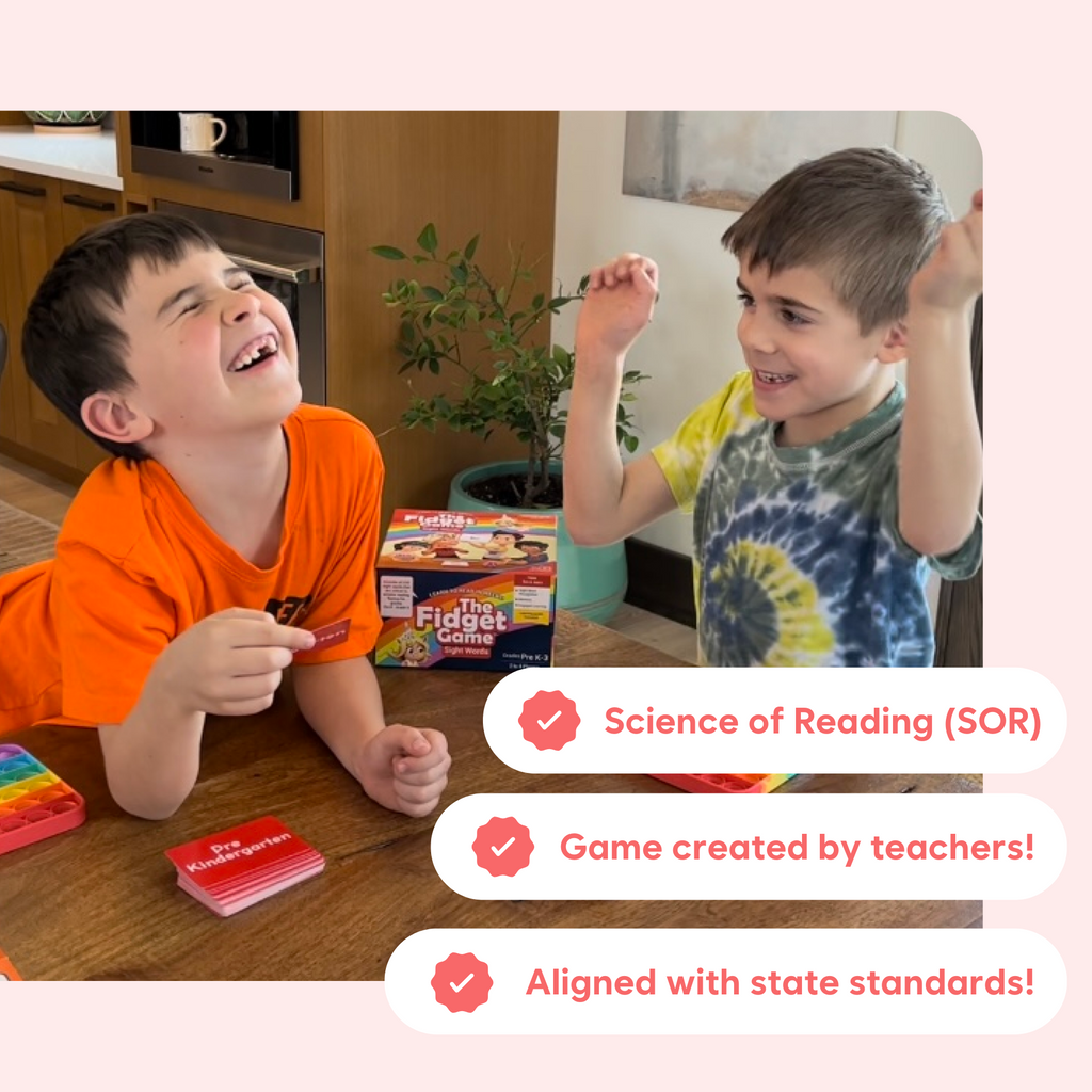Two boys playing The Fidget Game Sight Words Edition showing engaged reading card game play