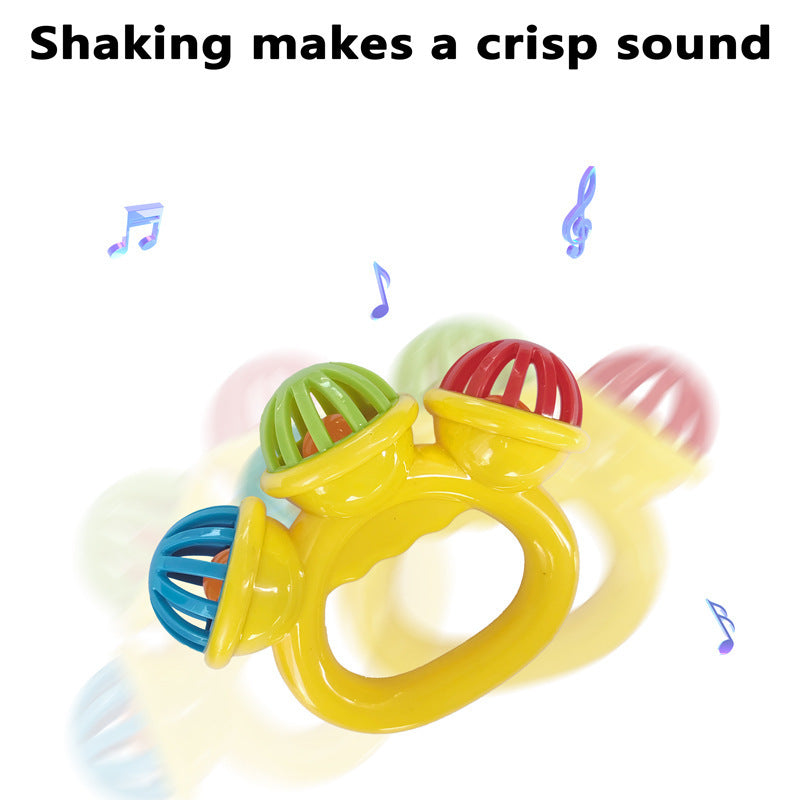 yellow baby handbell rattle toy for infants showing crisp shaking bell and non-toxic plastic construction