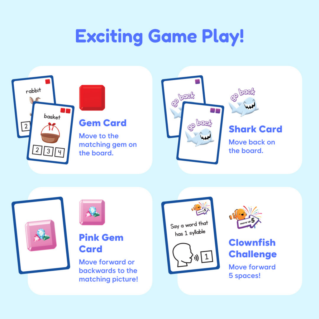 Squishyland board game exciting gameplay showing card categories and reading activity types