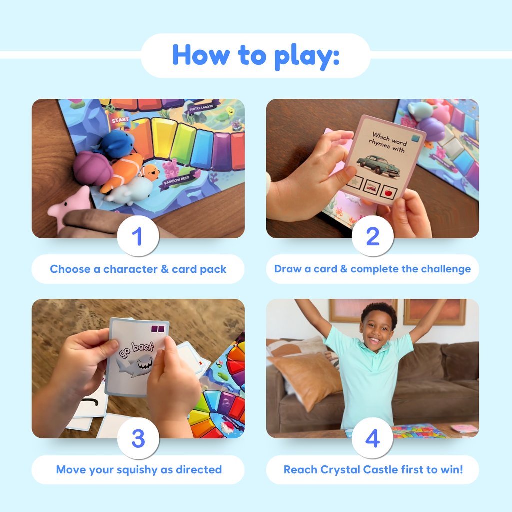 Squishyland board game how to play instructions showing family playing phonics reading game together