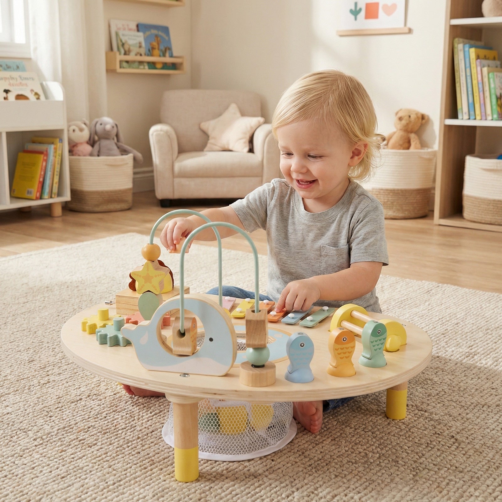 7-in-1 Toddler Activity Table Montessori Sensory Toy for 12 Month+ Wooden Musical Play Table