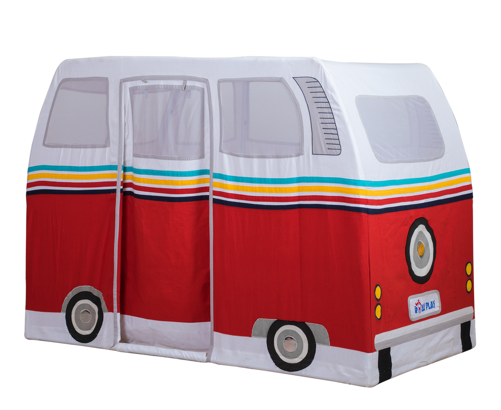 Hipster Camper Van Play Tent showing full-color retro camper van design with steel frame construction