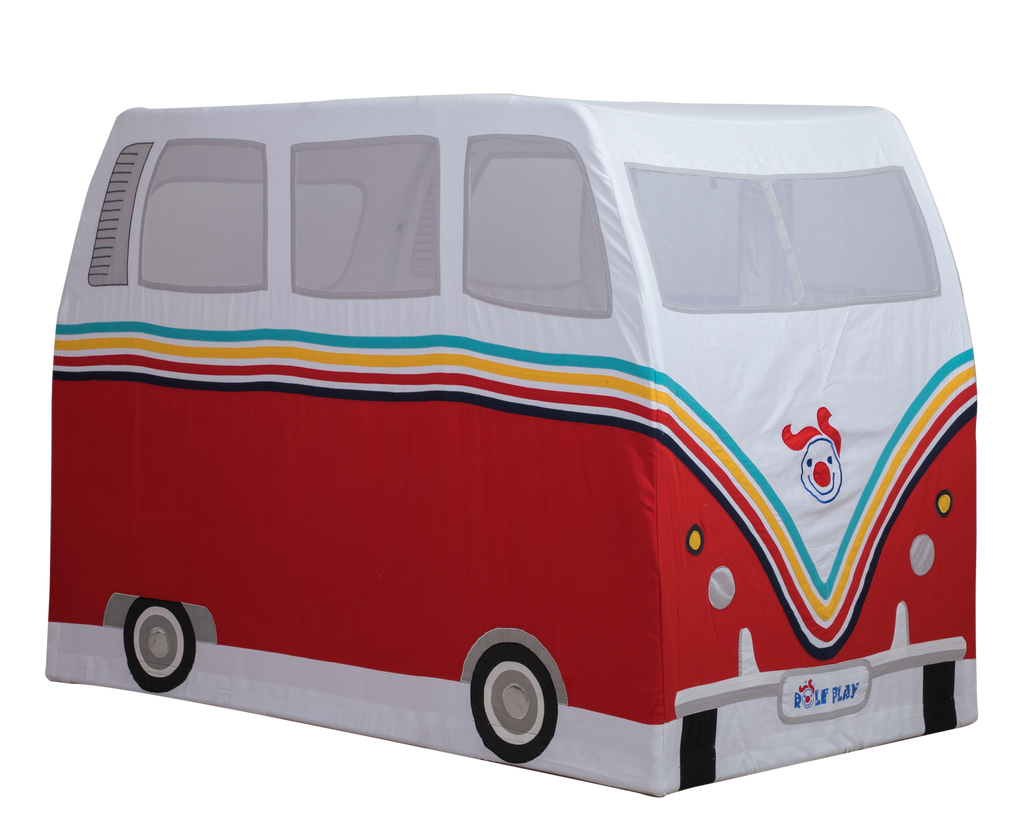 Hipster Camper Van Play Tent showing full-color retro camper van design with steel frame construction