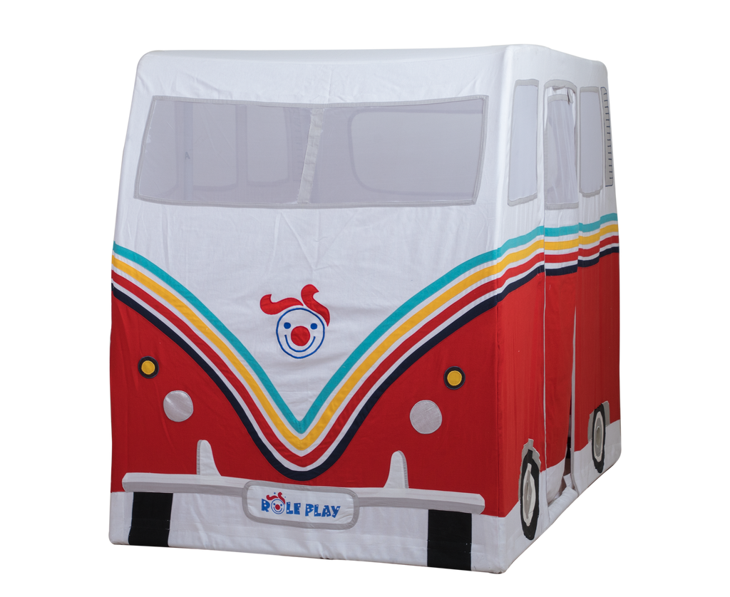 Hipster Camper Van Play Tent showing full-color retro camper van design with steel frame construction