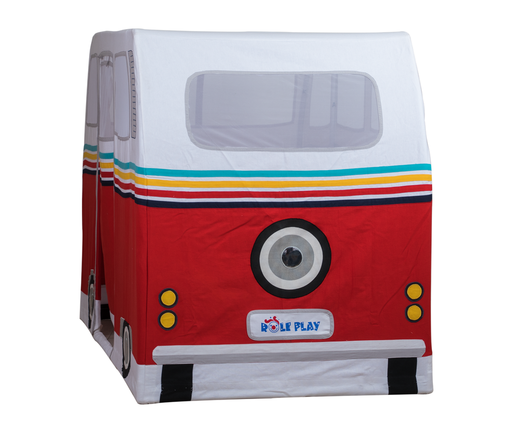 Hipster Camper Van Play Tent showing full-color retro camper van design with steel frame construction