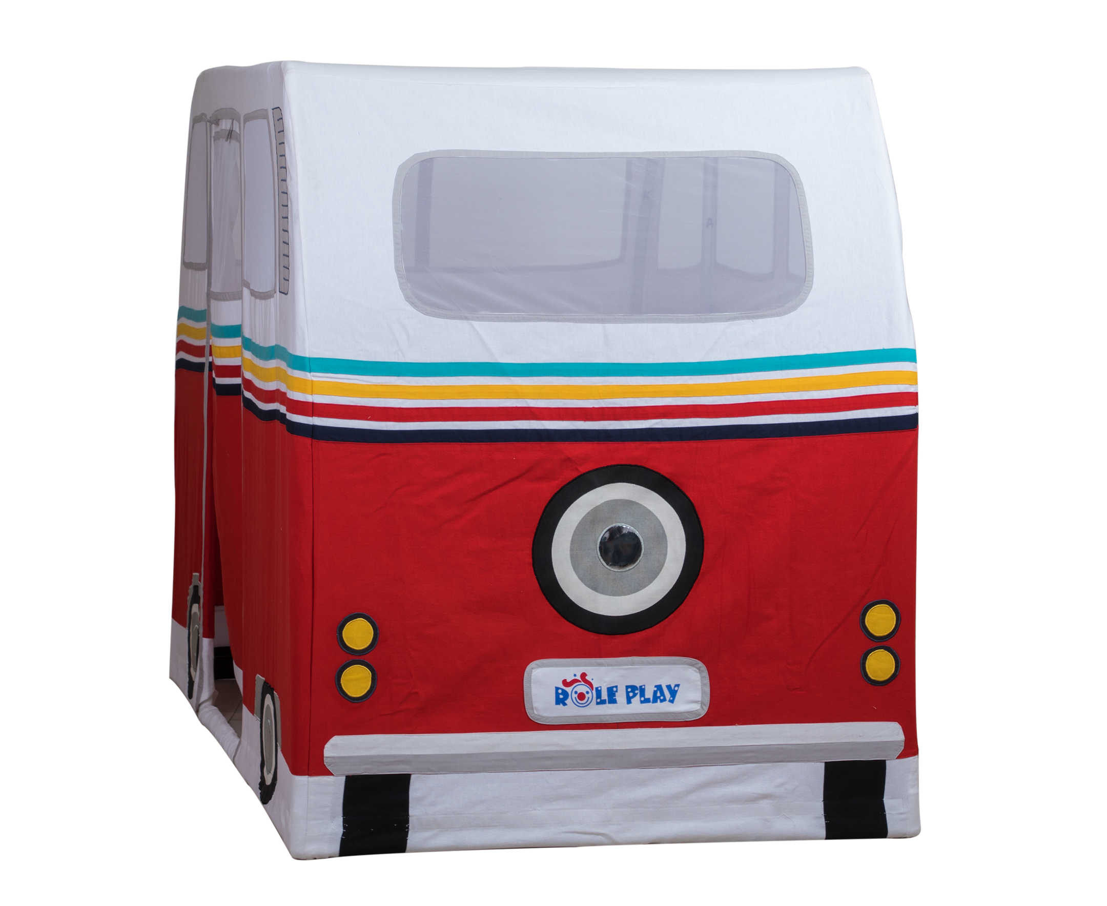 Hipster Camper Van Play Tent showing full-color retro camper van design with steel frame construction