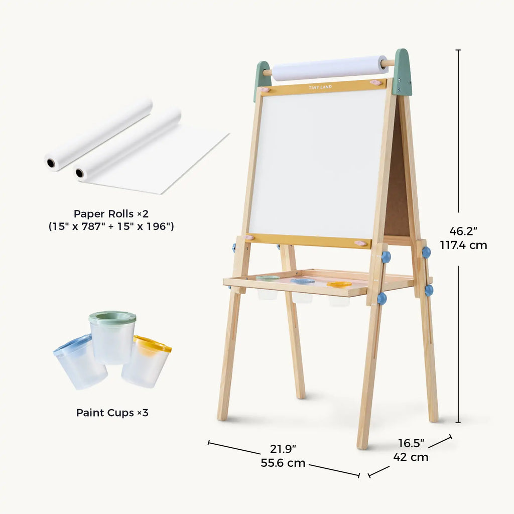 Child painting on Tiny Land art easel outdoors
Tiny Land easel showing full set of drawing tools included