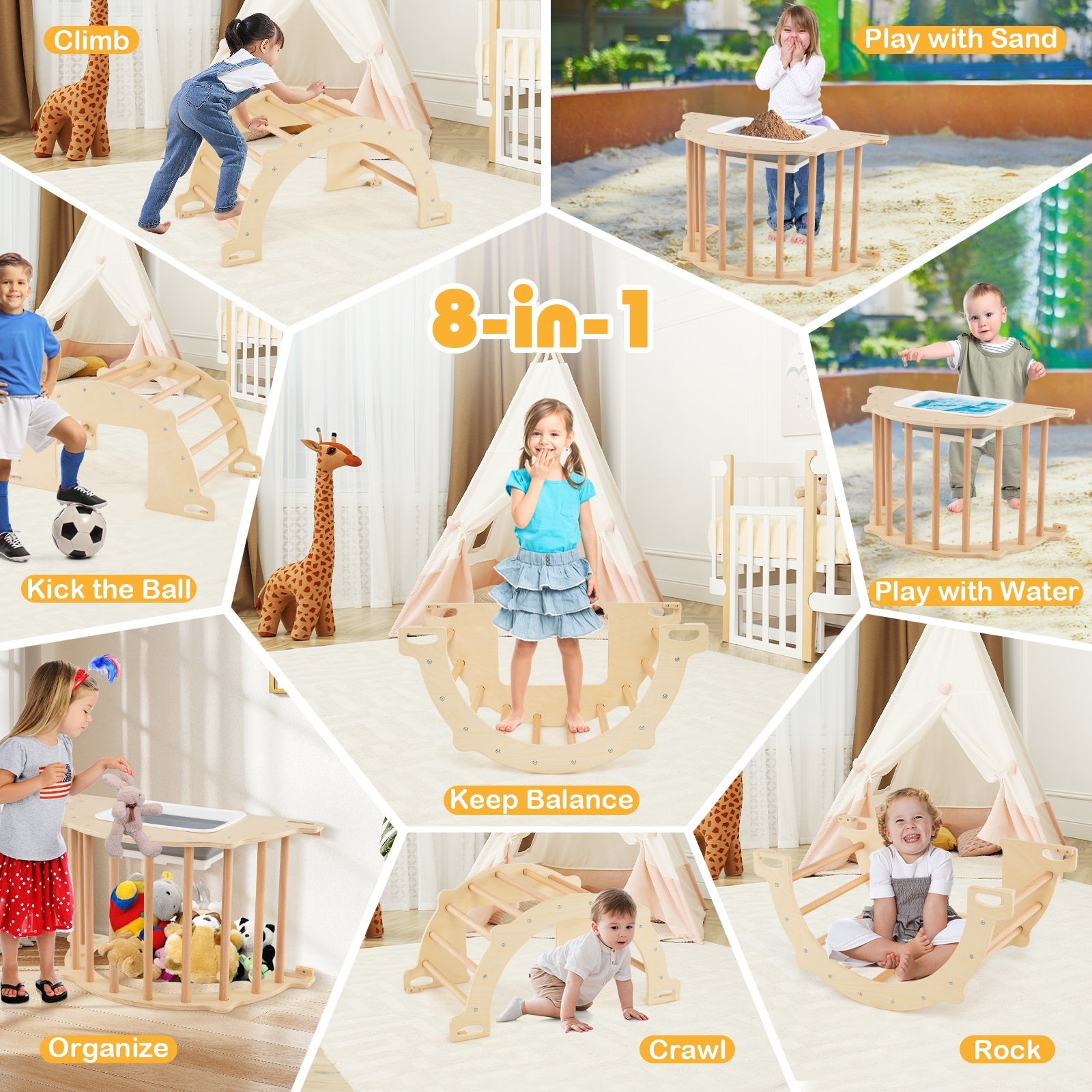 8 in 1 Climbing Arch Sensory Table with Collapsible Storage Bin for Kids-Natural