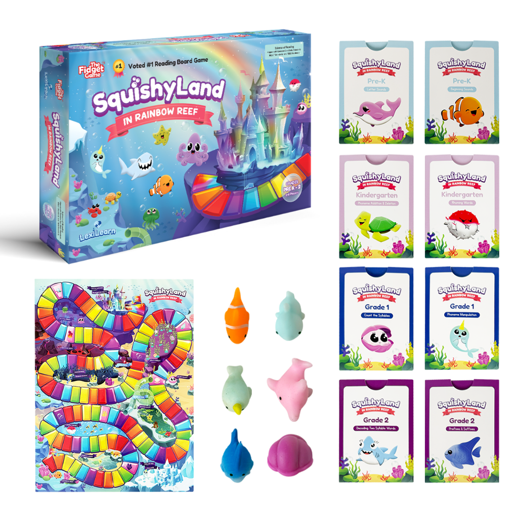 Squishyland phonics reading board game box showing colorful castle and rainbow theme for kids ages 3 to 8