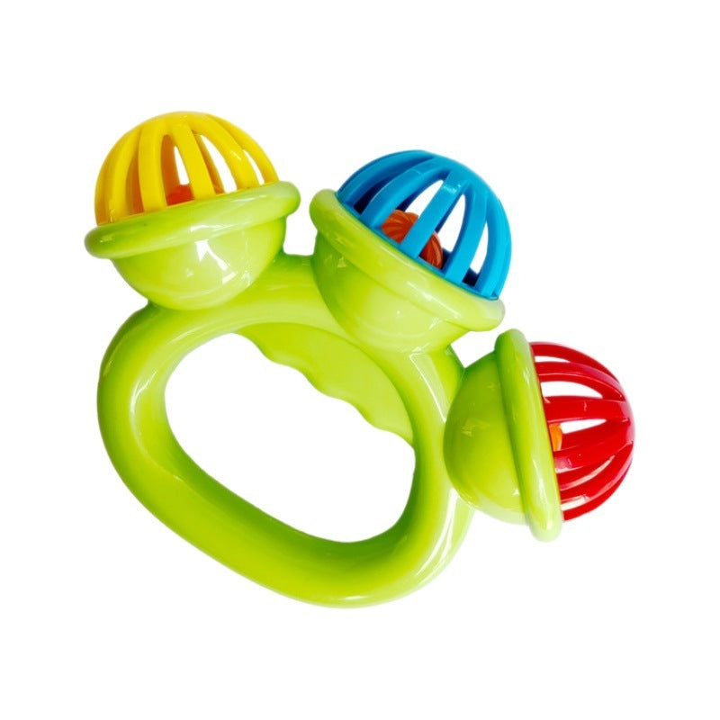 green baby handbell rattle toy for infants showing crisp shaking bell and non-toxic plastic construction