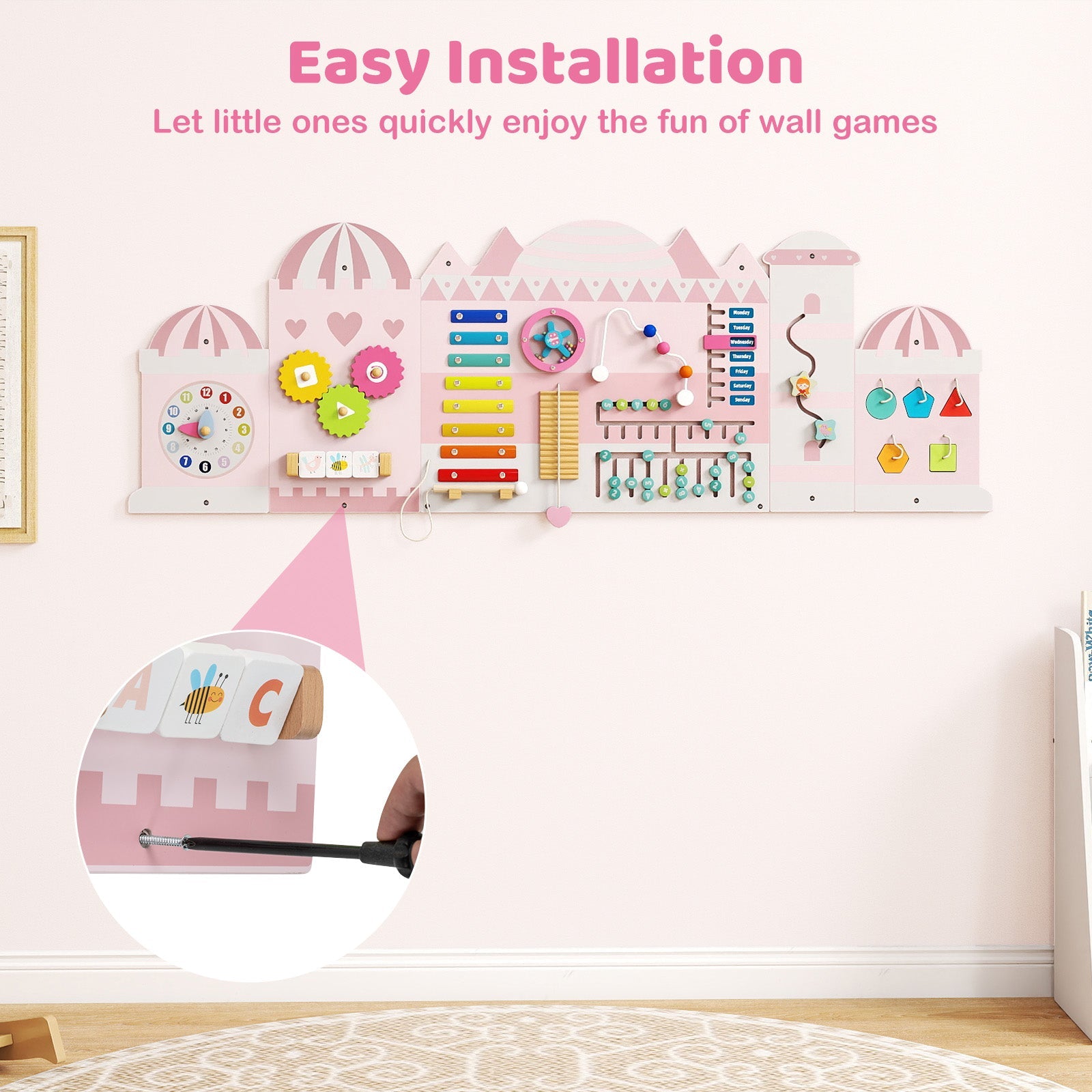 Activity Wall Busy Board Panels for Toddlers Wooden Sensory Board-Pink