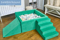 TumbleHouse Ball Pit Bundle in green showing full setup with foam ramp, stairs, and 500 colorful balls