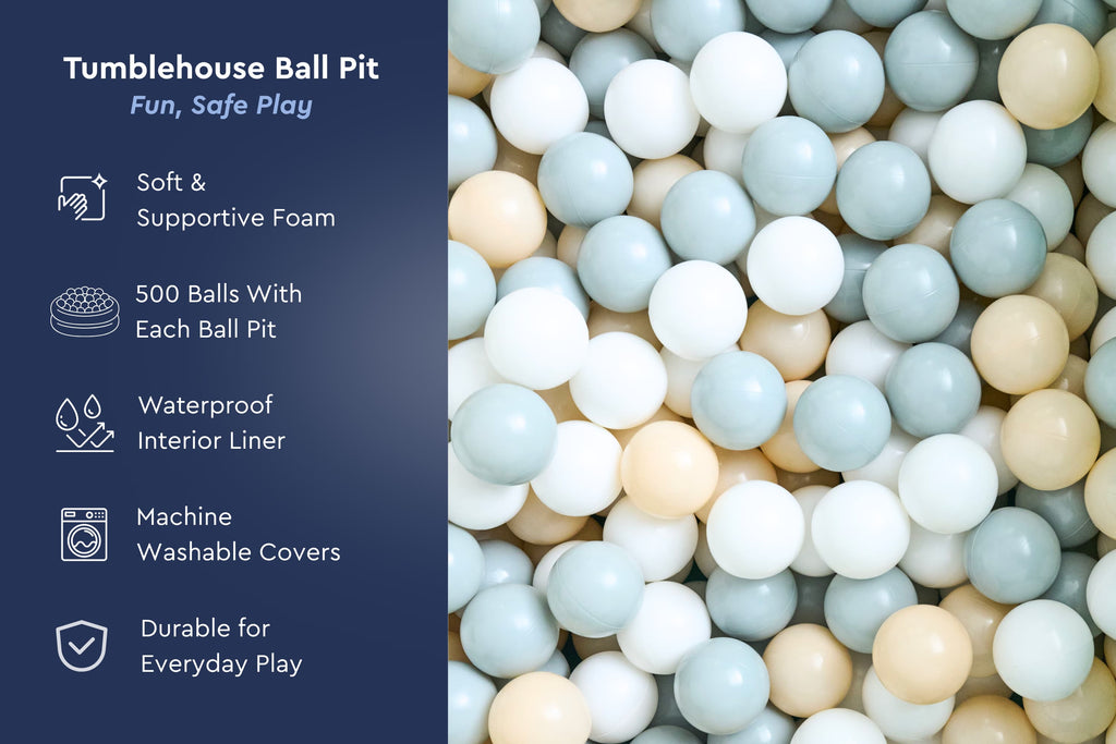 TumbleHouse Ball Pit Bundle showing all included pieces — ball pit, ramp, stairs, and 500 balls