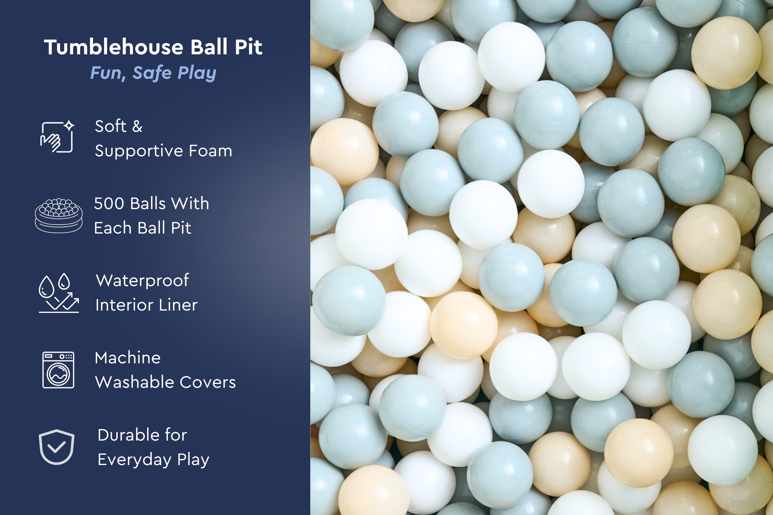 TumbleHouse Ball Pit Bundle showing all included pieces — ball pit, ramp, stairs, and 500 balls