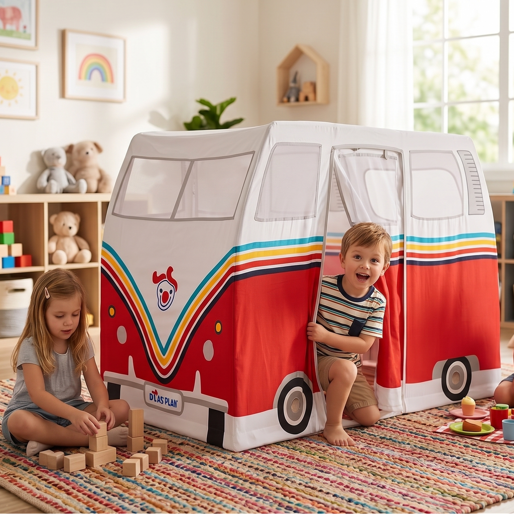 Children playing inside Hipster Camper Van Play Tent with colorful full-wrap camper van graphics indoors