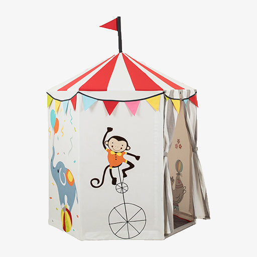 Circus Tent Play Home for kids showing full-wrap acrobat and clown illustrations on cotton canvas panels