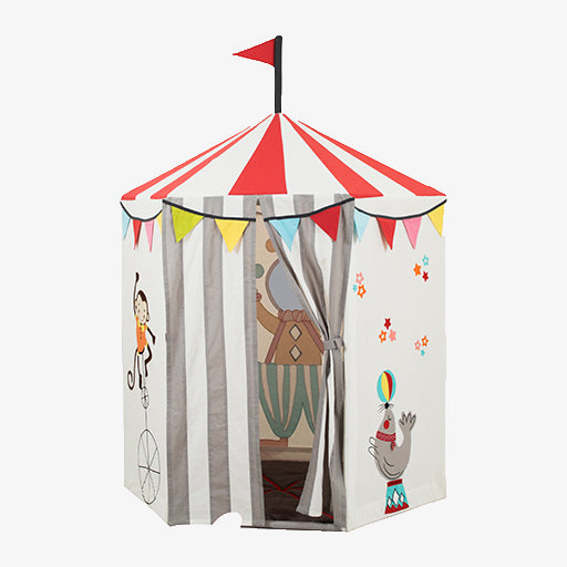 Circus Tent Play Home for kids showing full-wrap acrobat and clown illustrations on cotton canvas panels