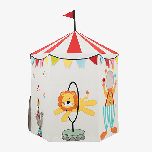 Circus Tent Play Home for kids showing full-wrap acrobat and clown illustrations on cotton canvas panels