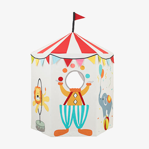 Circus Tent Play Home for kids showing full-wrap acrobat and clown illustrations on cotton canvas panels