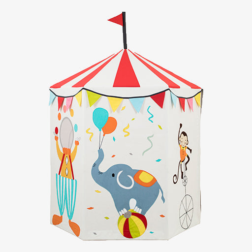 Circus Tent Play Home for kids showing full-wrap acrobat and clown illustrations on cotton canvas panels