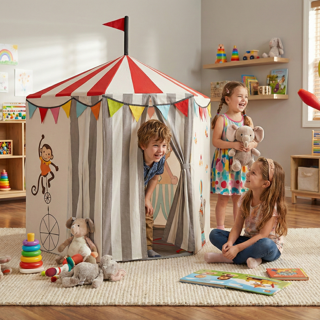Children playing inside Circus Tent Play Home with colorful circus illustrations and red-white striped roof