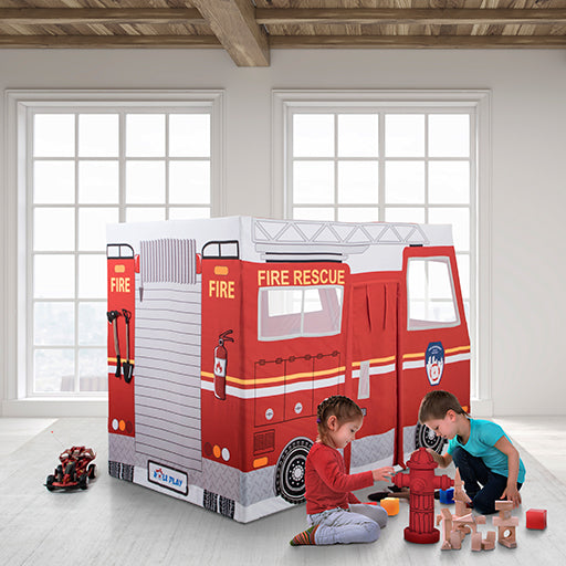 Kids dressed as firefighters playing with Fire Truck Play Tent showing fire hose and ladder graphics