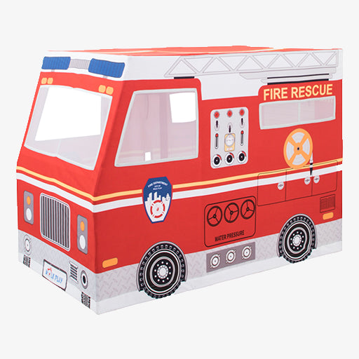 Fire Truck Play Tent for kids showing full-color fire rescue cotton canvas design with metal frame