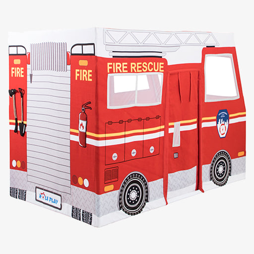 Fire Truck Play Tent for kids showing full-color fire rescue cotton canvas design with metal frame