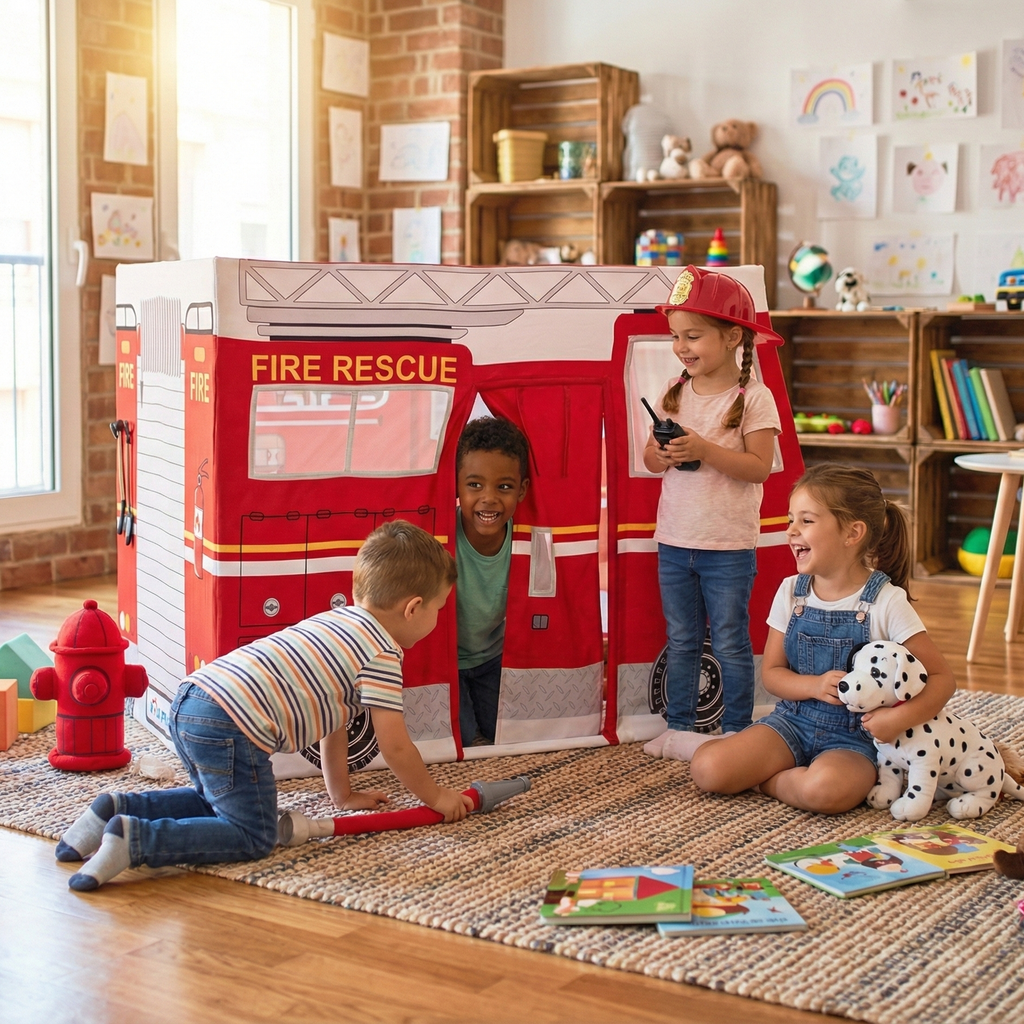 Children playing inside Fire Truck Play Tent with bold red fire rescue graphics in a cozy playroom