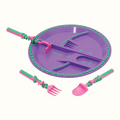 Kids utensil and plate combo set in purple with pink and green garden-themed fork, knife, and spoon for toddlers