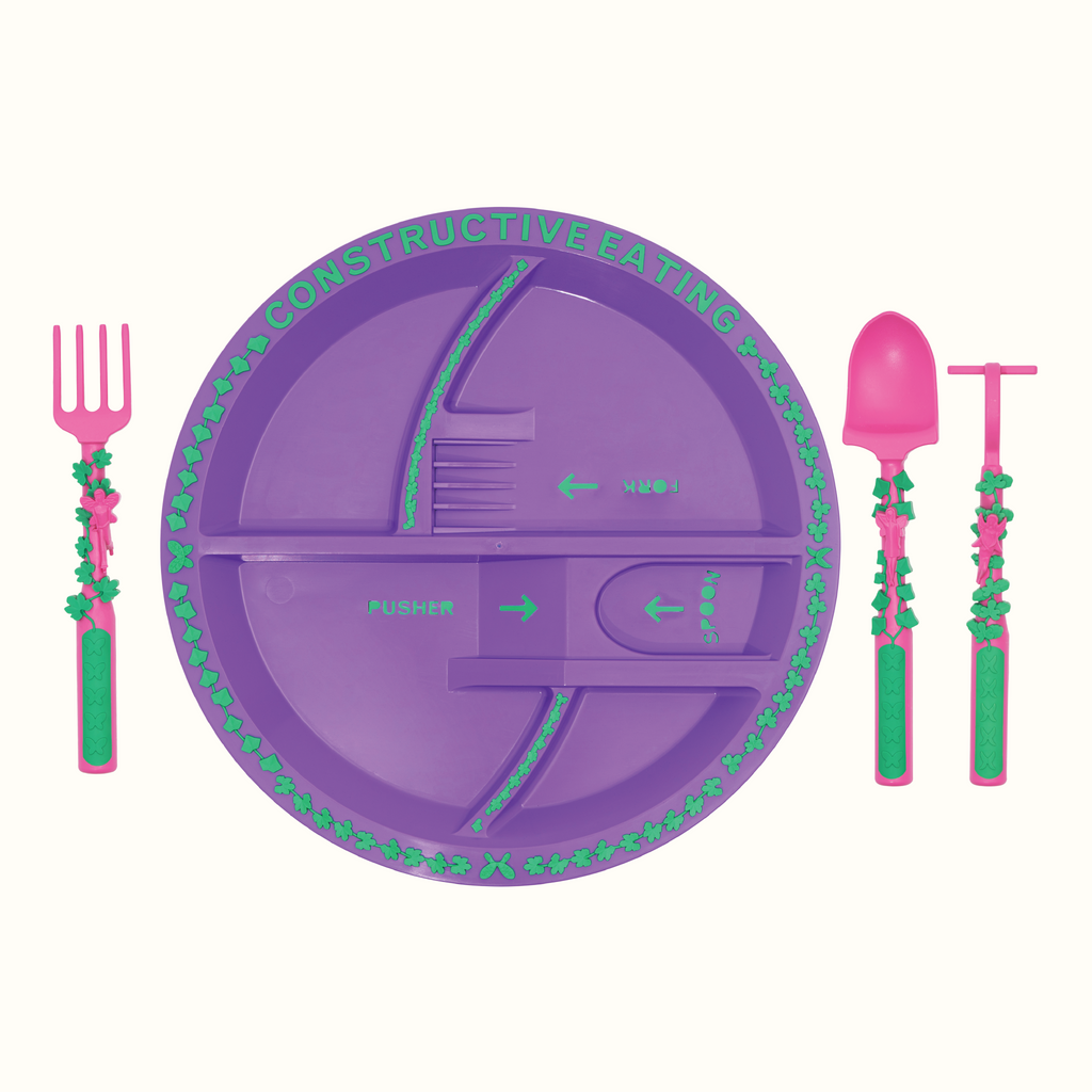 Toddler-friendly garden-themed utensil set with easy-grip handles for developing fine motor skills