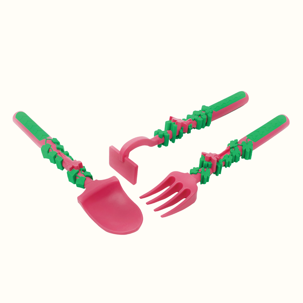 Toddler-friendly garden-themed utensil set with easy-grip handles for developing fine motor skills