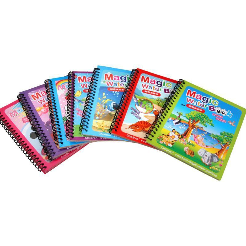 7 magic water drawing books flat lay showing animal, dinosaur, underwater, astronaut, flamingo, numbers, dress up, and universe themes