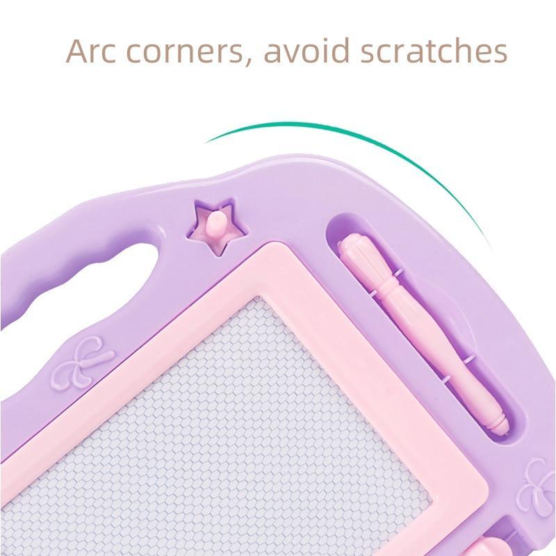 Magnetic drawing board for toddlers showing slide-to-erase bar and non-toxic ABS plastic frame