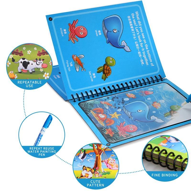 Child using water pen on magic water drawing book showing colors appearing on reusable page