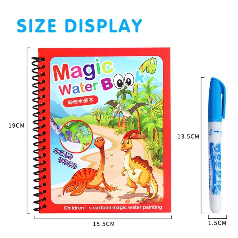 Magic water drawing book size display showing book dimensions and included water pen