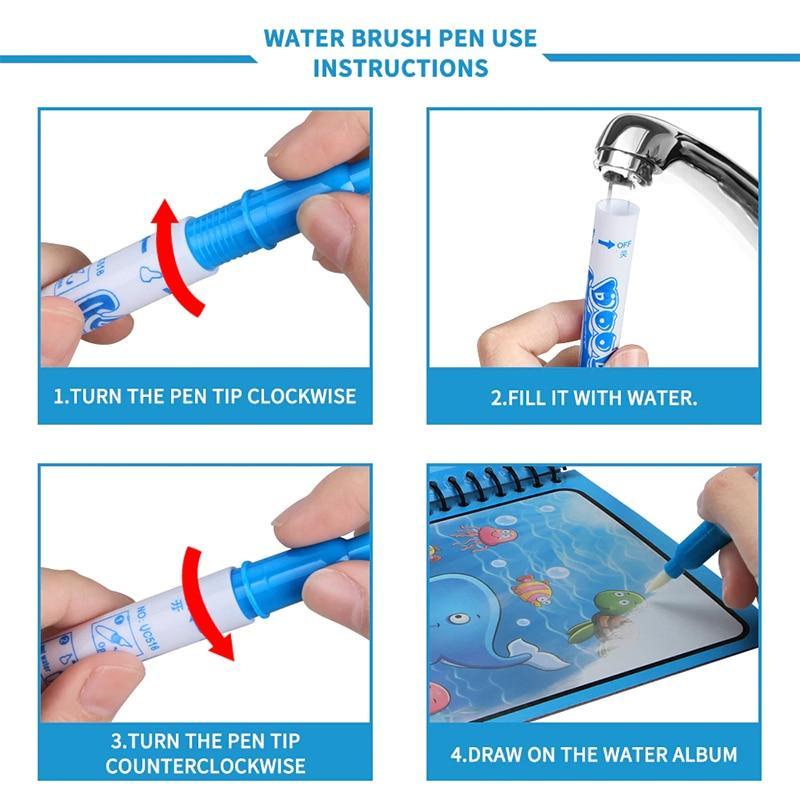How to use magic water drawing book — fill pen with water, color page, watch colors appear, let dry and repeat