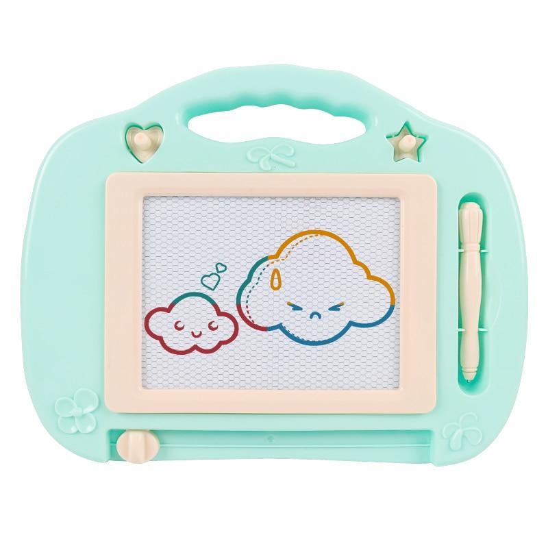 Magnetic drawing board for toddlers showing slide-to-erase bar and non-toxic ABS plastic frame