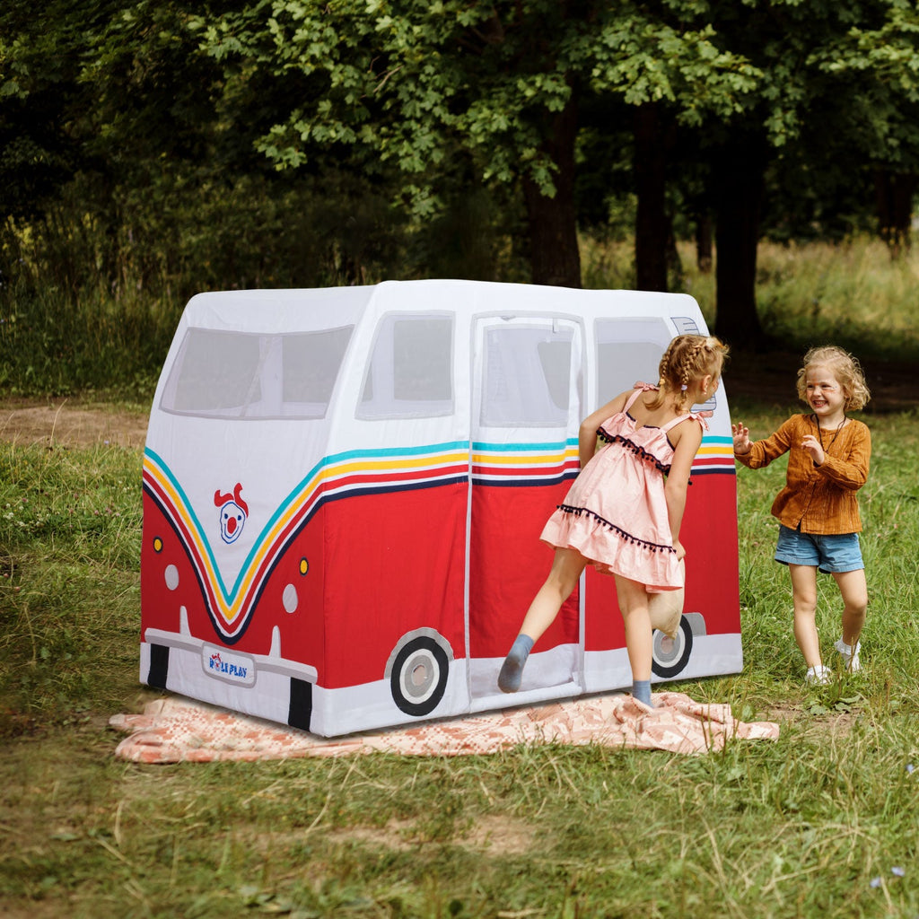 Kids playing outside with Hipster Camper Van Play Tent showing opening side doors and windows