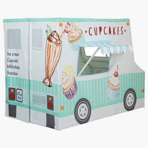 Ice Cream and Cupcake Truck Kids Playhouse showing mint green cotton canvas design with cupcake and ice cream graphics
