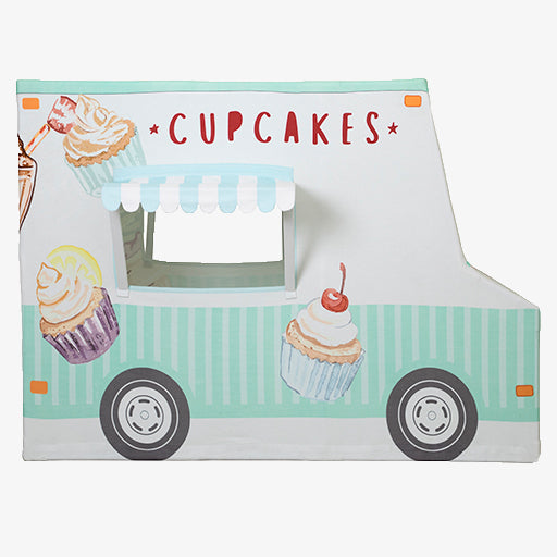 Ice Cream and Cupcake Truck Kids Playhouse showing mint green cotton canvas design with cupcake and ice cream graphics
