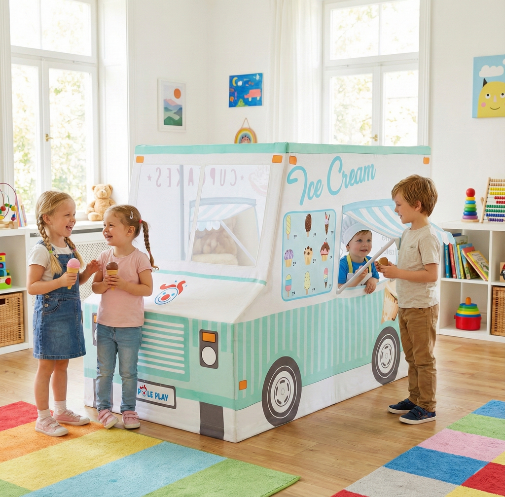 Children playing with Ice Cream and Cupcake Truck Kids Playhouse with service window in bright playroom