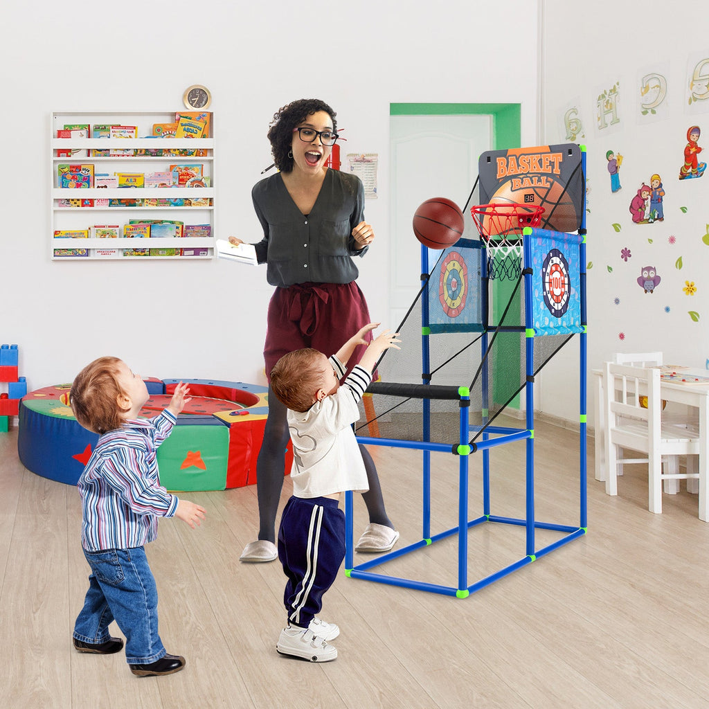 Toddler and parent playing with Kids Basketball Arcade Game with electronic scoreboard indoors