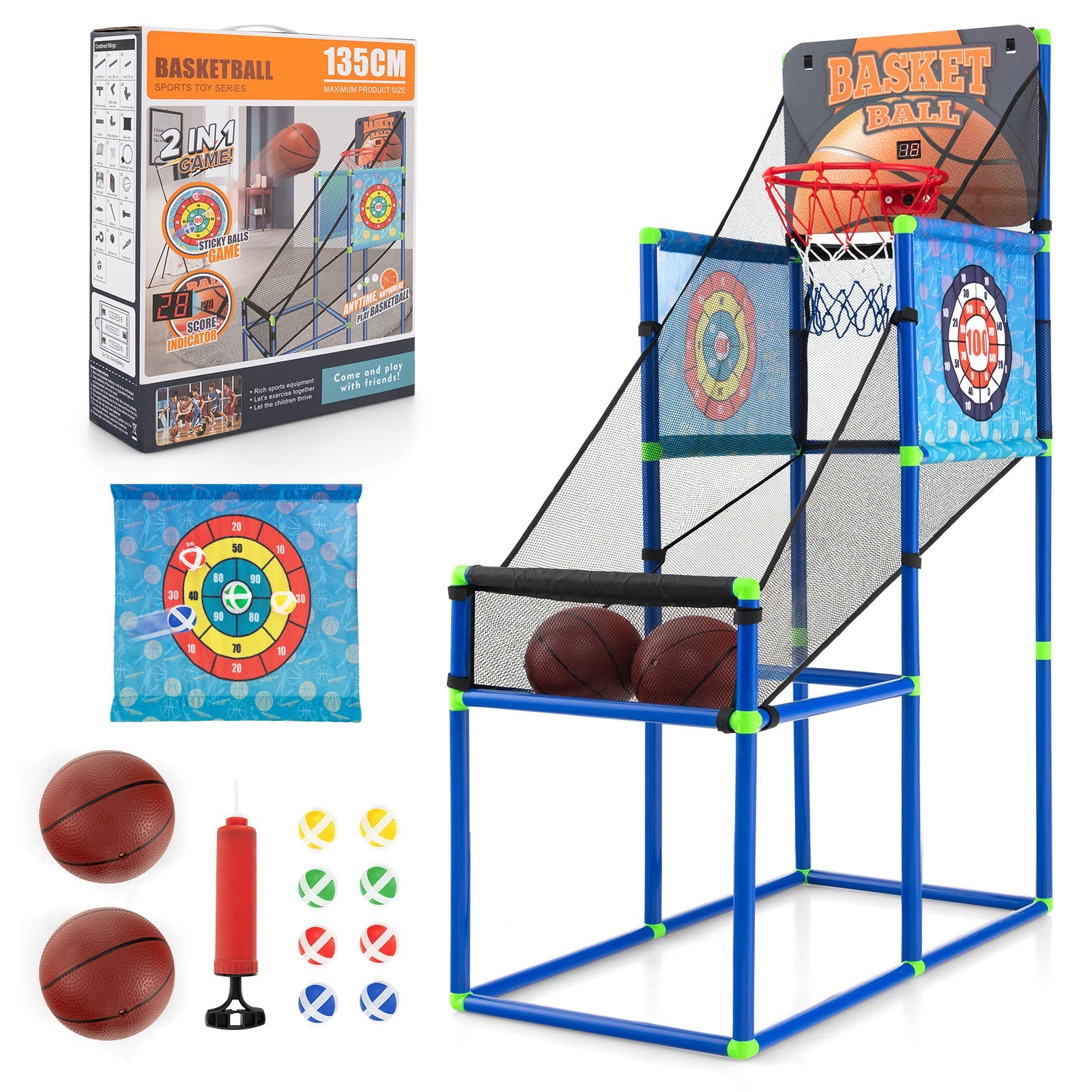 Kids Basketball Arcade Game showing electronic scoreboard, 2 basketballs, sticky ball targets and PVC frame